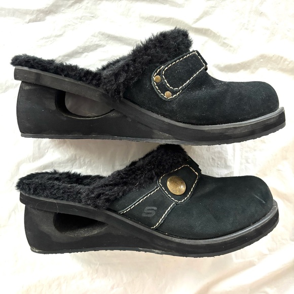NWOT Skechers Black Suede Faux Fur Clogs VTG 90’s Rave Y2K chunky SZ 7.5 - Picture 4 of 12